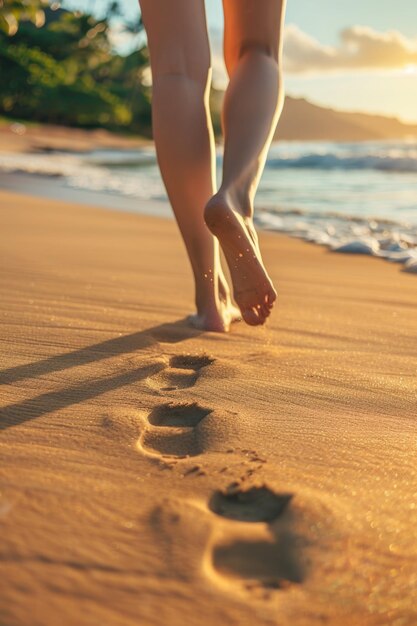 Vrouwelijke voeten op het zand op het strand Generatieve AI