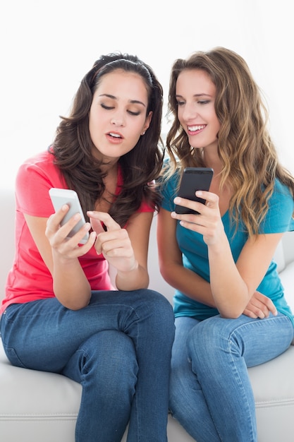 Vrouwelijke vrienden die in zonnebril tekstbericht lezen