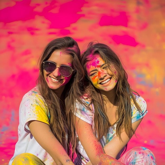 Vrouwelijke vrienden die samen plezier hebben op een heilig festival met Holi achtergrond