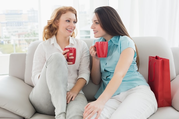 Vrouwelijke vrienden met koffiekoppen thuis het spreken