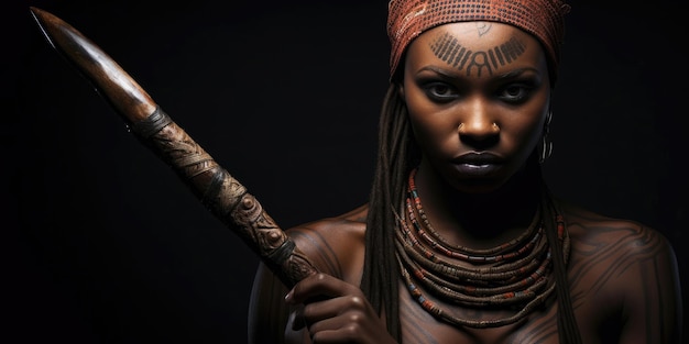 Vrouwelijke vrouwen uit Afrika met culturele tatoeages make-up cosmetica en houten stenen speerwapen