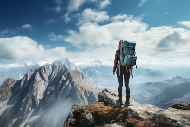 Vrouwelijke wandelaar met rugzak die op de top van een rots staat met bergen en blauwe lucht op de achtergrond
