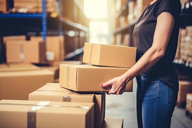 Vrouwelijke werknemer die kartonnen doos vasthoudt in magazijn Generatieve AI