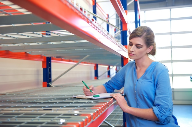 Vrouwelijke werknemer het schrijven van de inventaris bij levering depot magazijn