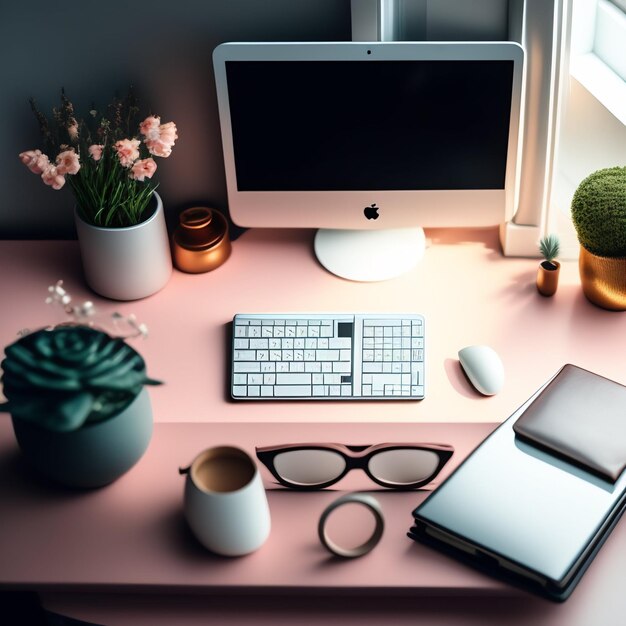 Vrouwelijke werktafel vanuit de bovenste laptop en boeken levensstijl instelling