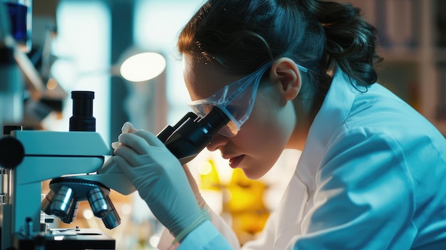 Vrouwelijke wetenschapper doet onderzoek met behulp van een microscoop