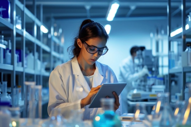 Vrouwelijke wetenschapper gebruikt tablet om gegevens te analyseren in hightech laboratorium