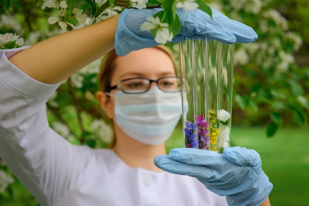 Vrouwelijke wetenschapper met bril, masker en handschoenen met reageerbuizen in haar handen bestudeert de eigenschappen van planten tegen bloeiende bomen.