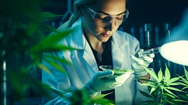 Vrouwelijke wetenschappers doen onderzoek en verzamelen gegevens over het belonen van cannabisplanten in potten met behulp van Generative AI