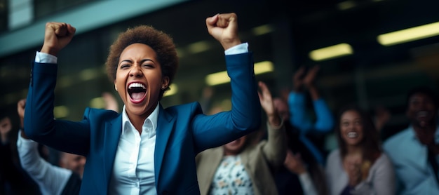 Foto vrouwelijke zakenman viert overwinning generatieve ai