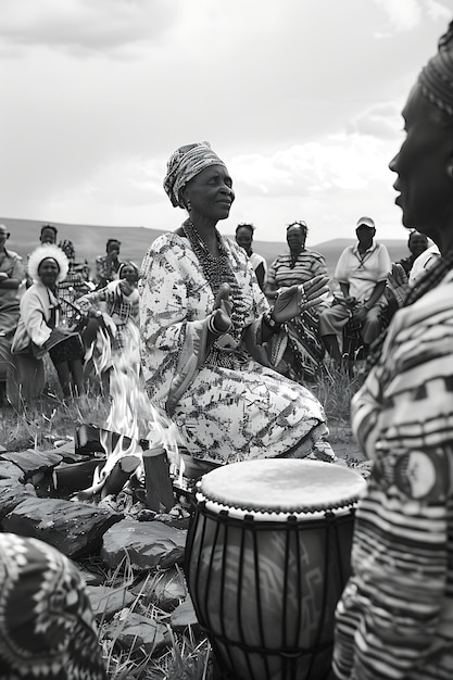 Foto vrouwen dansen en zingen rond een vreugdevuur tijdens een gemeenschap neighbor holiday activities achtergrond