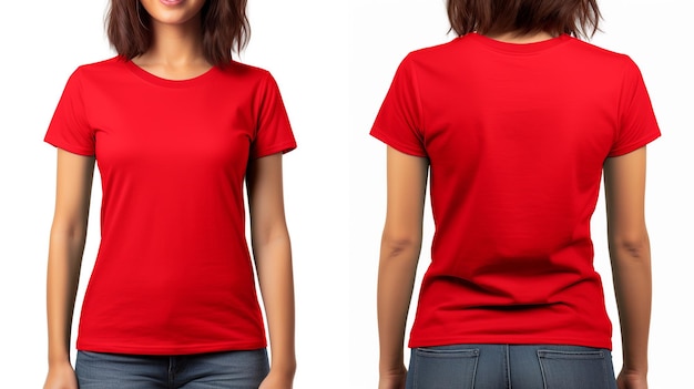Vrouwen die een Rode T-shirt dragen Voor- en achteraanzicht mockup geïsoleerd op een witte achtergrond