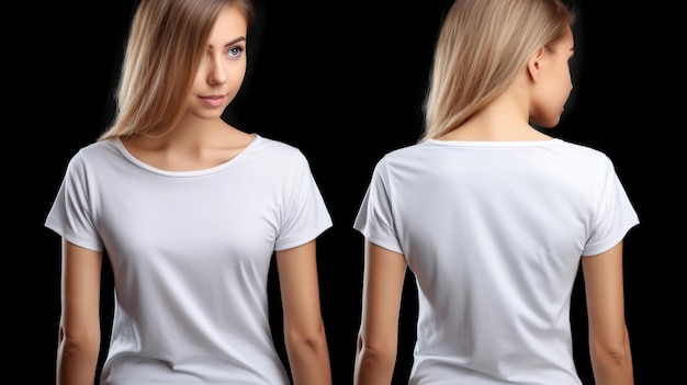 Vrouwen die een wit T-shirt dragen Voor- en achteraanzicht mockup geïsoleerd op zwarte achtergrond