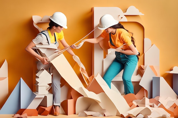 Foto vrouwen die werken aan de bouw papier kunst stijl ai gegenereerd