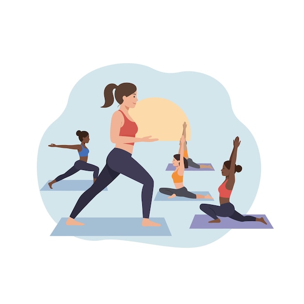 Vrouwen die yoga beoefenen in een serene omgeving met platte vectorkunst