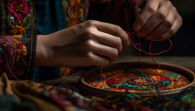 Vrouwen die zelfgemaakt naaipatroon voor ambachtelijke producten maken, gegenereerd door AI