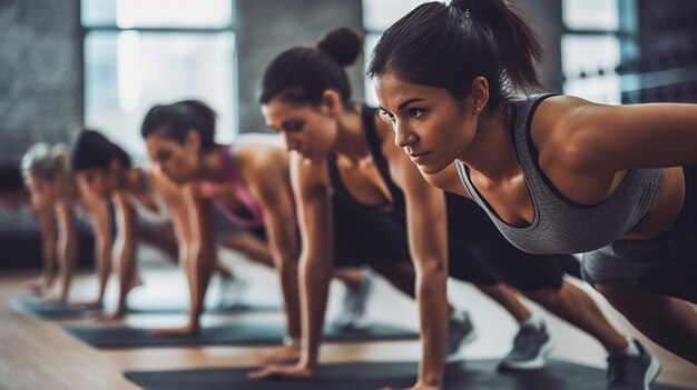 Vrouwen doen push-ups in een sportschool.