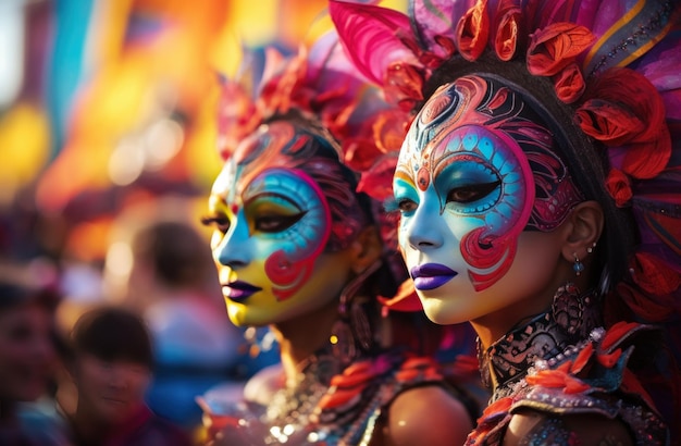 vrouwen dragen kleurrijke maskers op een carnaval