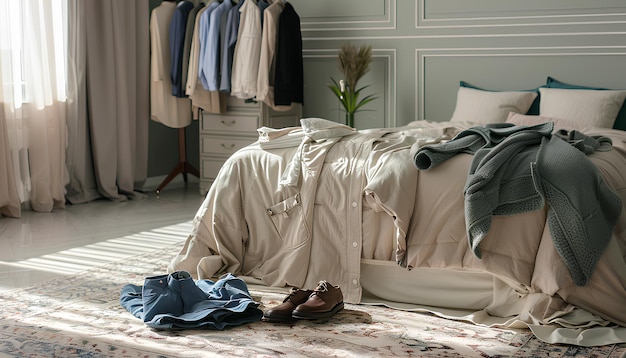 Vrouwen- en mannenkleding ligt op het tapijt voor een groot bed in de slaapkamer