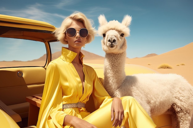 vrouwen futuristische modefotografie pastelkleuren alpaca's Generatieve AI