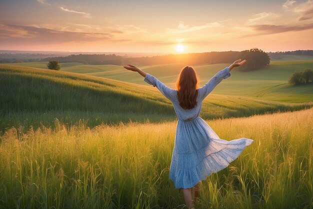 Vrouwen genieten van de natuur op de weide uitgestrekte armen frisse ochtendlucht zomer veld bij zonsopgang