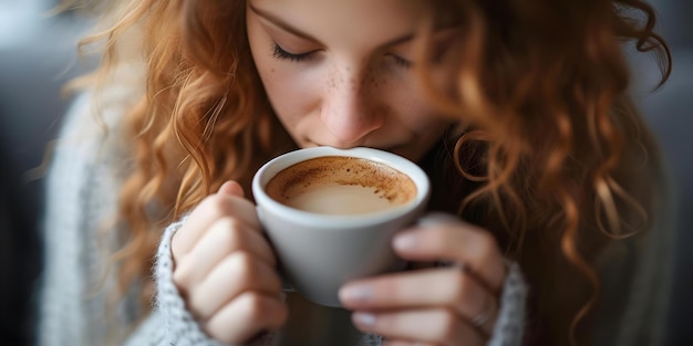 Foto vrouwen genieten van een kop warme koffie in het comfort van hun huis concept indoor lifestyle koffieliefhebber gezellige momenten ontspannende ochtendrituelen