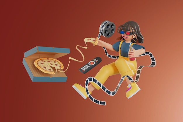 Foto vrouwen genieten van films en eten pizza thuis 3d render illustratie