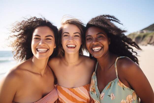 Vrouwen glimlachen voor de camera. Degene in het midden draagt een kleurrijke gestreepte jurk.