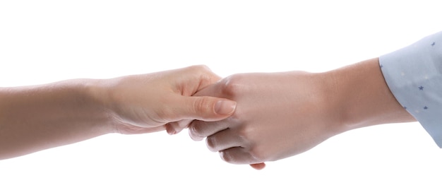 Vrouwen hand in hand op witte close-up als achtergrond