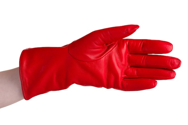 Vrouwen hand in rode lederen handschoen geïsoleerd op wit