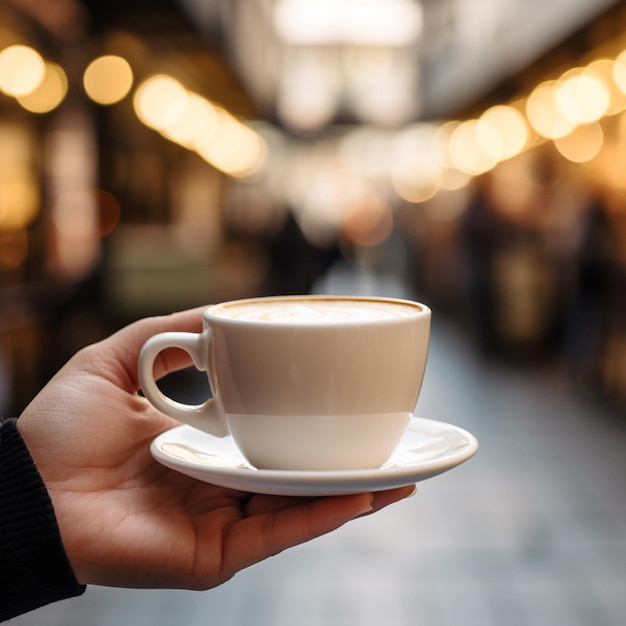 Vrouwen hand met een witte koffiemok close-up met onscherpe achtergrond van café