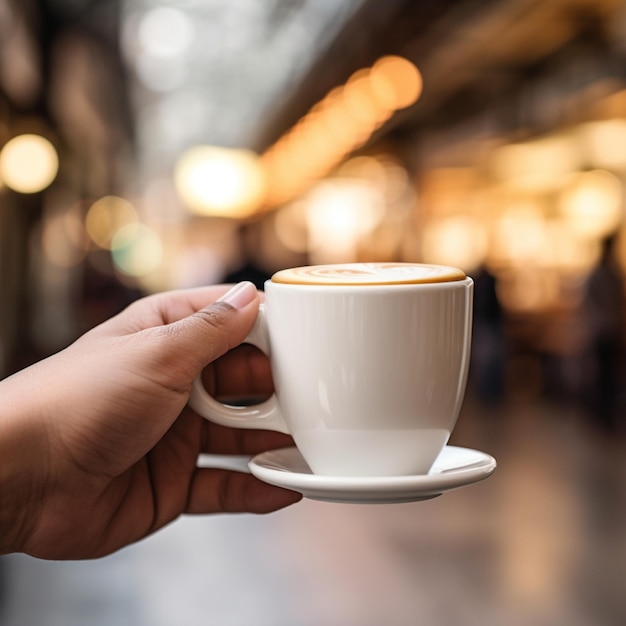 Vrouwen hand met een witte koffiemok close-up met onscherpe achtergrond van café