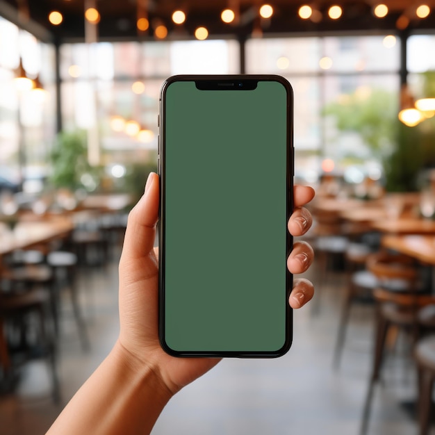 Vrouwen hand met slimme telefoon met het scherm is blanco, effen heldergroene café-achtergrond wazig