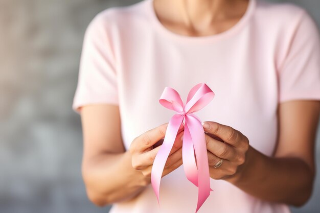 Vrouwen houden een roze lint in hun handen, het concept van de strijd tegen kanker