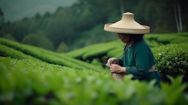 Vrouwen in Azië plukken thee op groene plantageterrassen landschapsachtergrond Generatieve AI