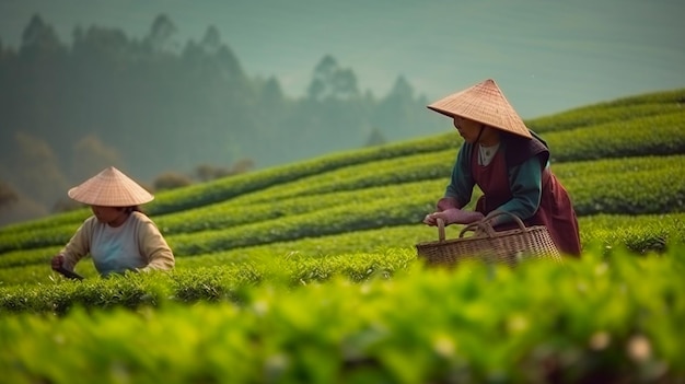 Vrouwen in Azië plukken thee op groene plantageterrassen landschapsachtergrond Generatieve AI