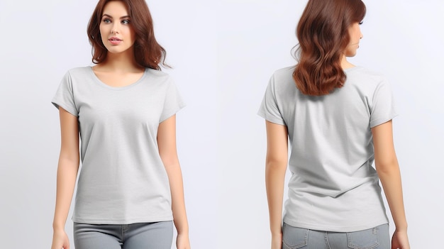 Vrouwen in een grijs T-shirt Voor- en achterbeeld mockup geïsoleerd op witte achtergrond