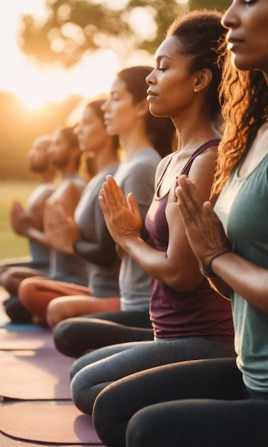 Vrouwen in een rij met hun armen omhoog mediteren mediteren meditateren en zon op de achtergrond