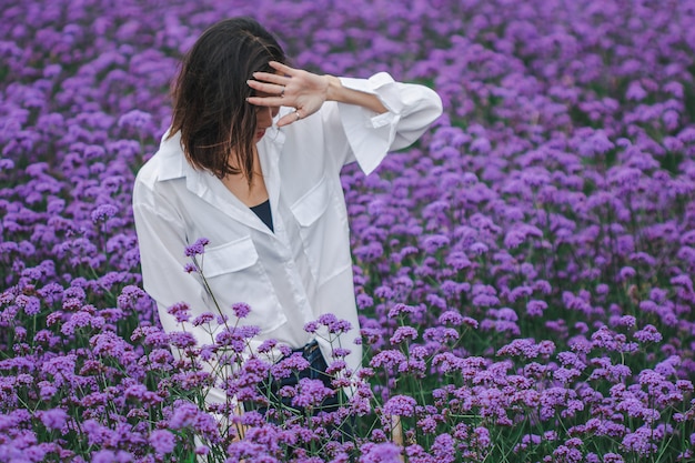 Vrouwen in het Verbena-veld bloeien en zijn mooi in het regenseizoen.