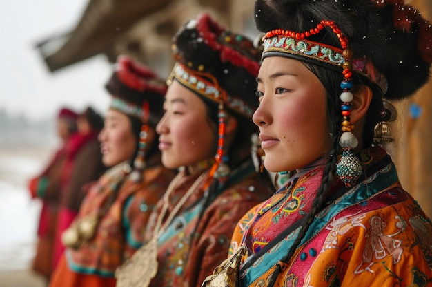 Foto vrouwen in nationale mongoolse kleding vieren de witte wintermaand in mongolië sagaalgan