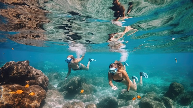 Vrouwen in stijlvolle badpakken beginnen aan een boeiende snorkelexpeditie Met maskers en snorkels duiken ze in de ongerepte wateren Gegenereerd door AI