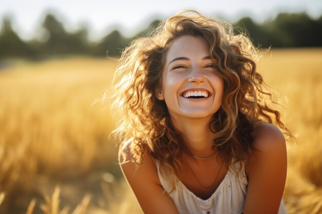 Vrouwen lachen vrolijk in een gouden tarweveld gecreëerd met generatieve AI-technologie