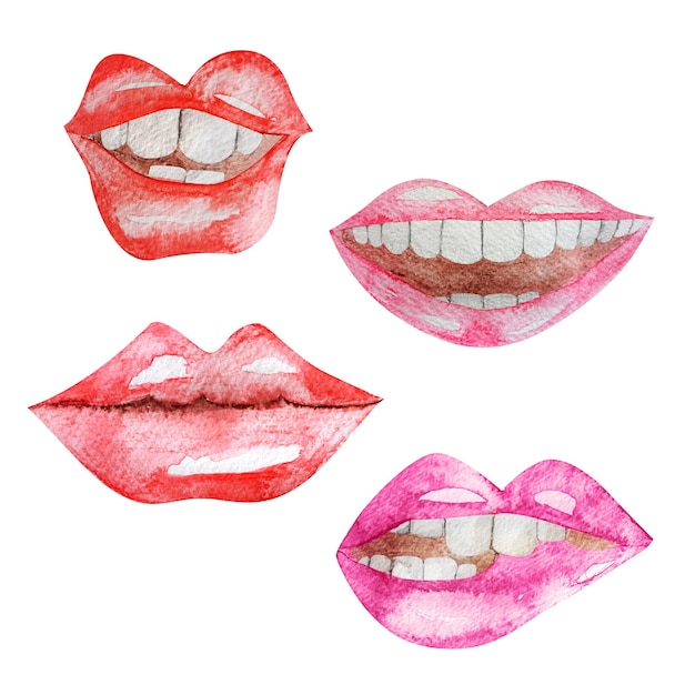 Vrouwen lippen tanden Smile aquarel set elementen