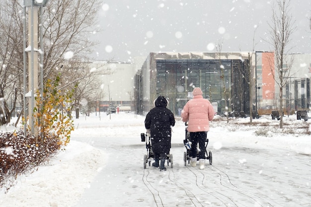 Vrouwen lopen met kinderwagens in een winterpark