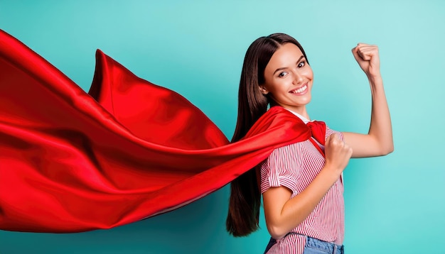 Vrouwen macht en mensen concept gelukkige vrouw in rode superheld cape over blauwe achtergrond