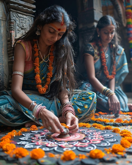 Foto vrouwen maken ingewikkelde rangoli-ontwerpen op behang