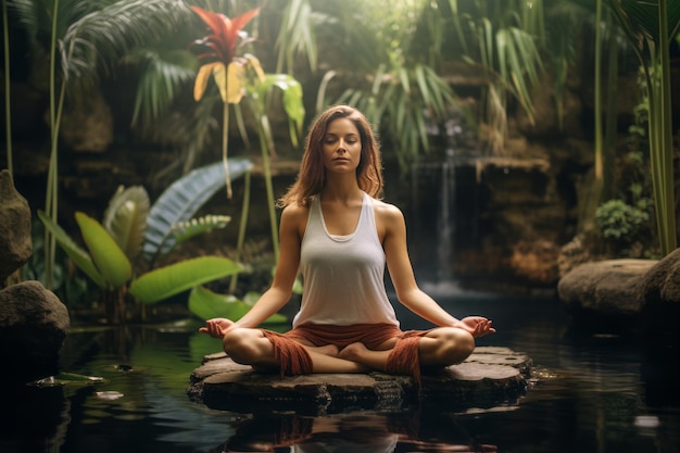 Vrouwen mediteren in lotuspositie tropisch paradijs