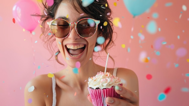 Vrouwen met cupcakes die van hun verjaardag genieten in nieuwsgierige glazen