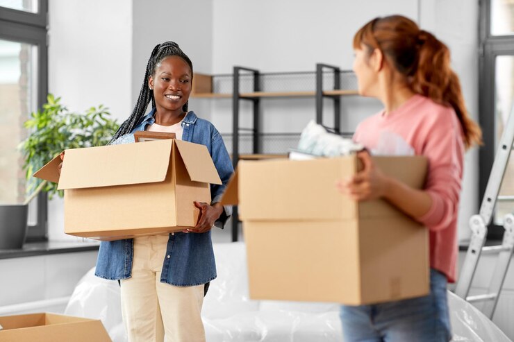 Foto vrouwen met dozen verhuizen naar een nieuw huis.