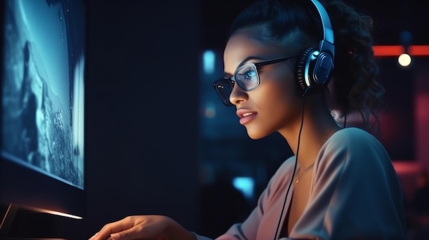 Vrouwen met een bril kijken naar de computer. Vrouwen die online werken op het bureaublad.